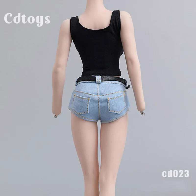 1/6 Scale Female Black Sexy cdtoys cd023 cd025 Low-cut Short Vest Long Jeans Denim Shorts Pants with Fit Belt 12'' Figure Body