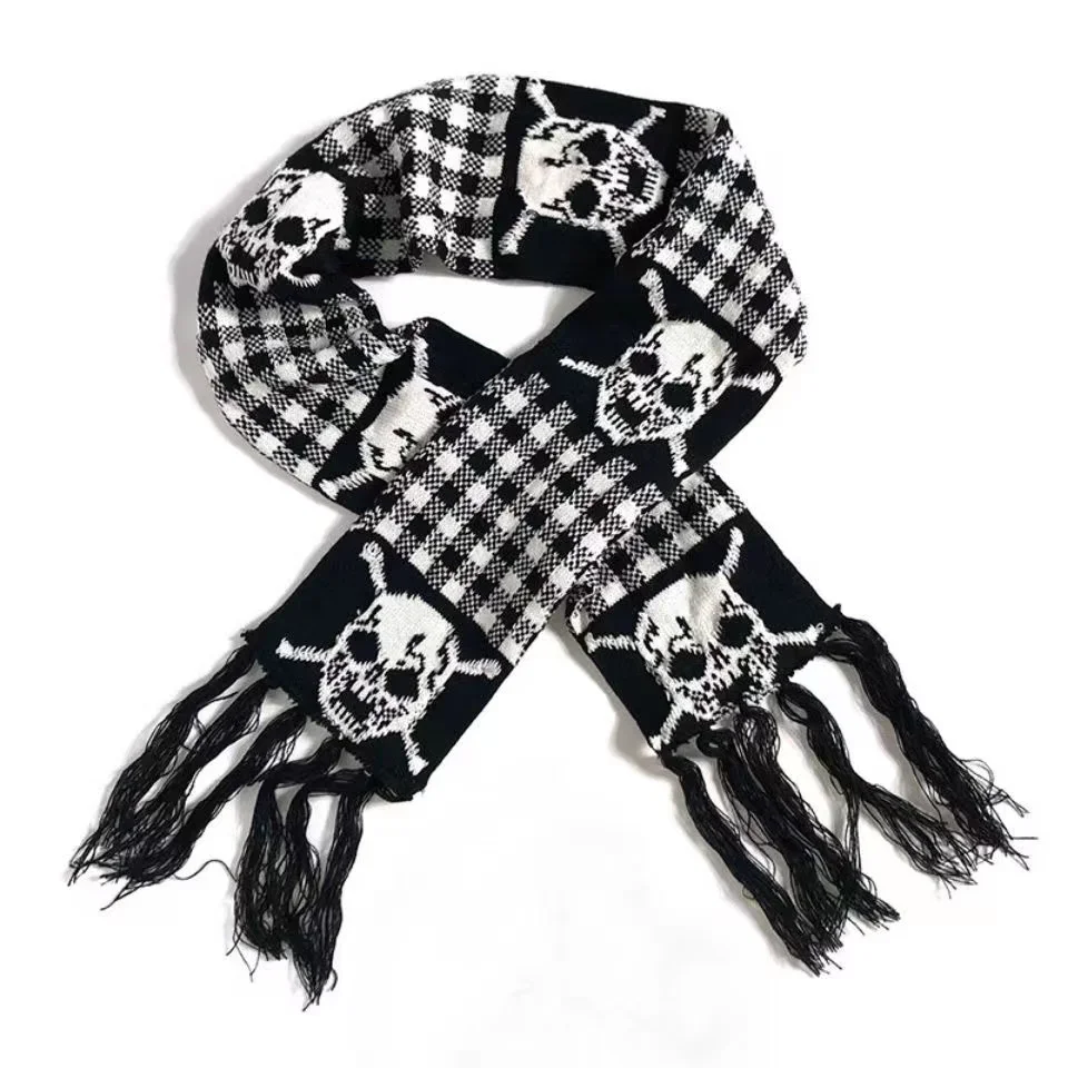 Gothic Skull Scarf Winter Knitted Pashmina Shawl Black Acrylic Echarpe Harajuku Skeleton Wrap with Fringes for Women Men