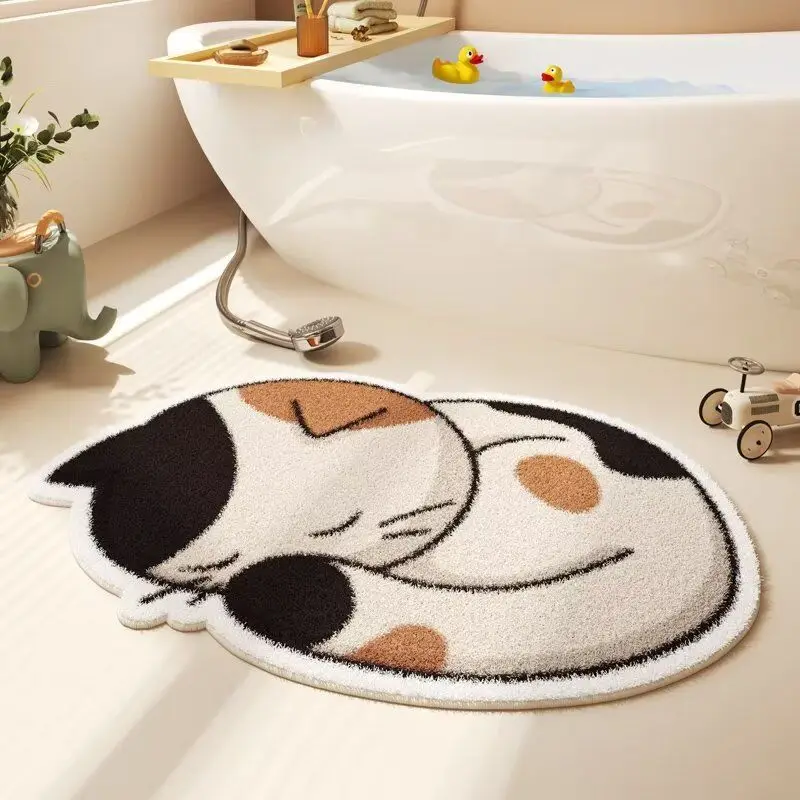 VIKAMA Cute White Cat Bath Mat Irregular Shape Belly Up Non Slip Soft Plush Bathroom Rug Absorbent Floor Mat for Shower Kids