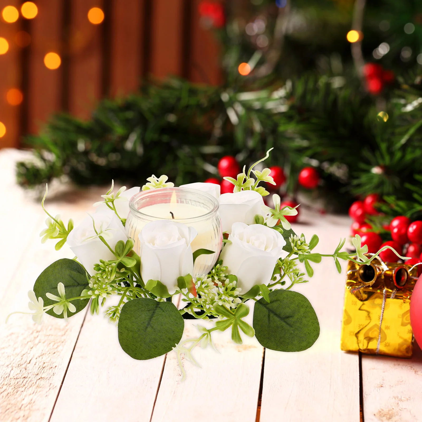 

Silk Flower Artificial Rose Ring Wreath Leaf Design Romantic Wedding Table Centerpiece Party Banquet Decoration