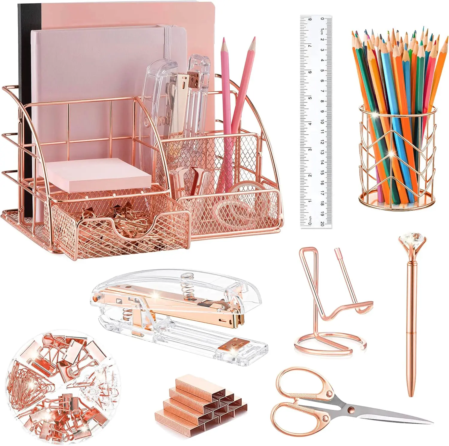 

Rose Gold Desk Organizer Set: Stapler, Pen Holder, Phone Holder, Scissors, Pen, Ruler, 30 Paper Clips, 22 Binder Clips, 20 Tacks & 1000 Staples