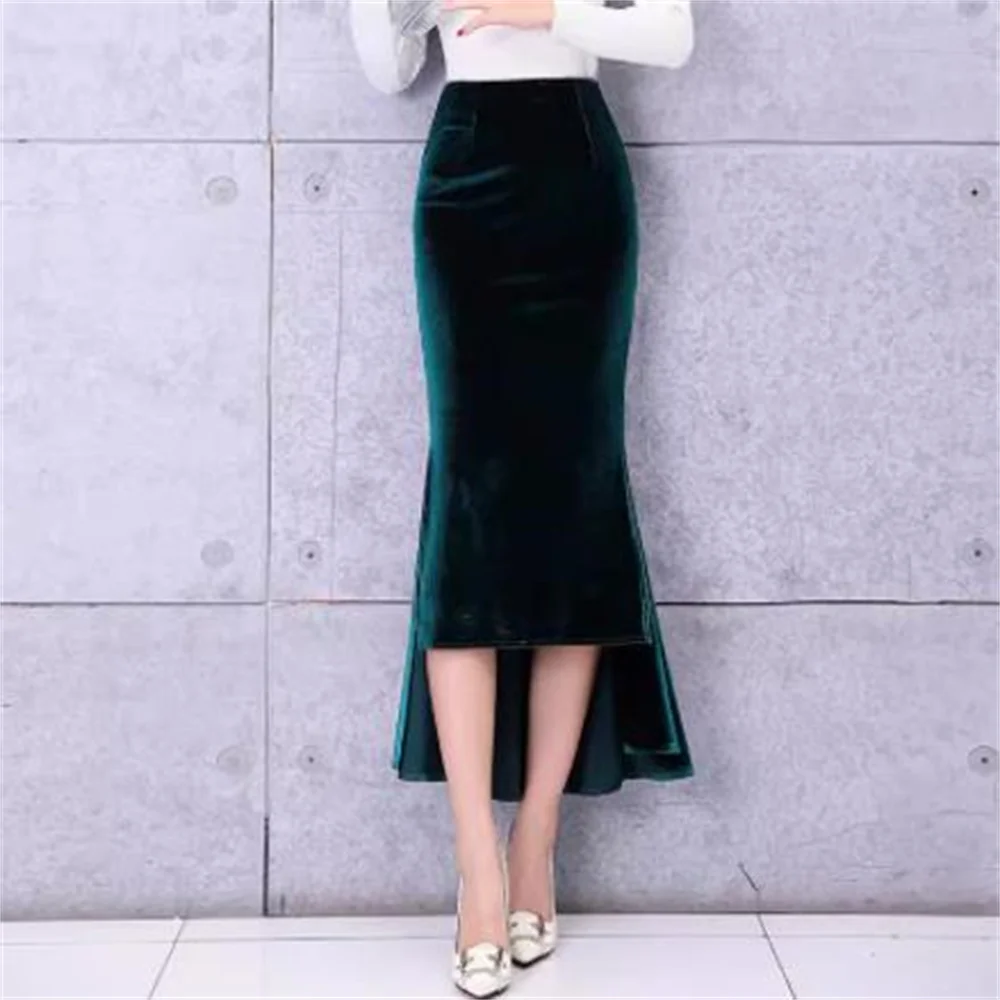 Irregular high waisted velvet wrapped buttocks skirt  fishtail front short back long skirt autumn and winter split