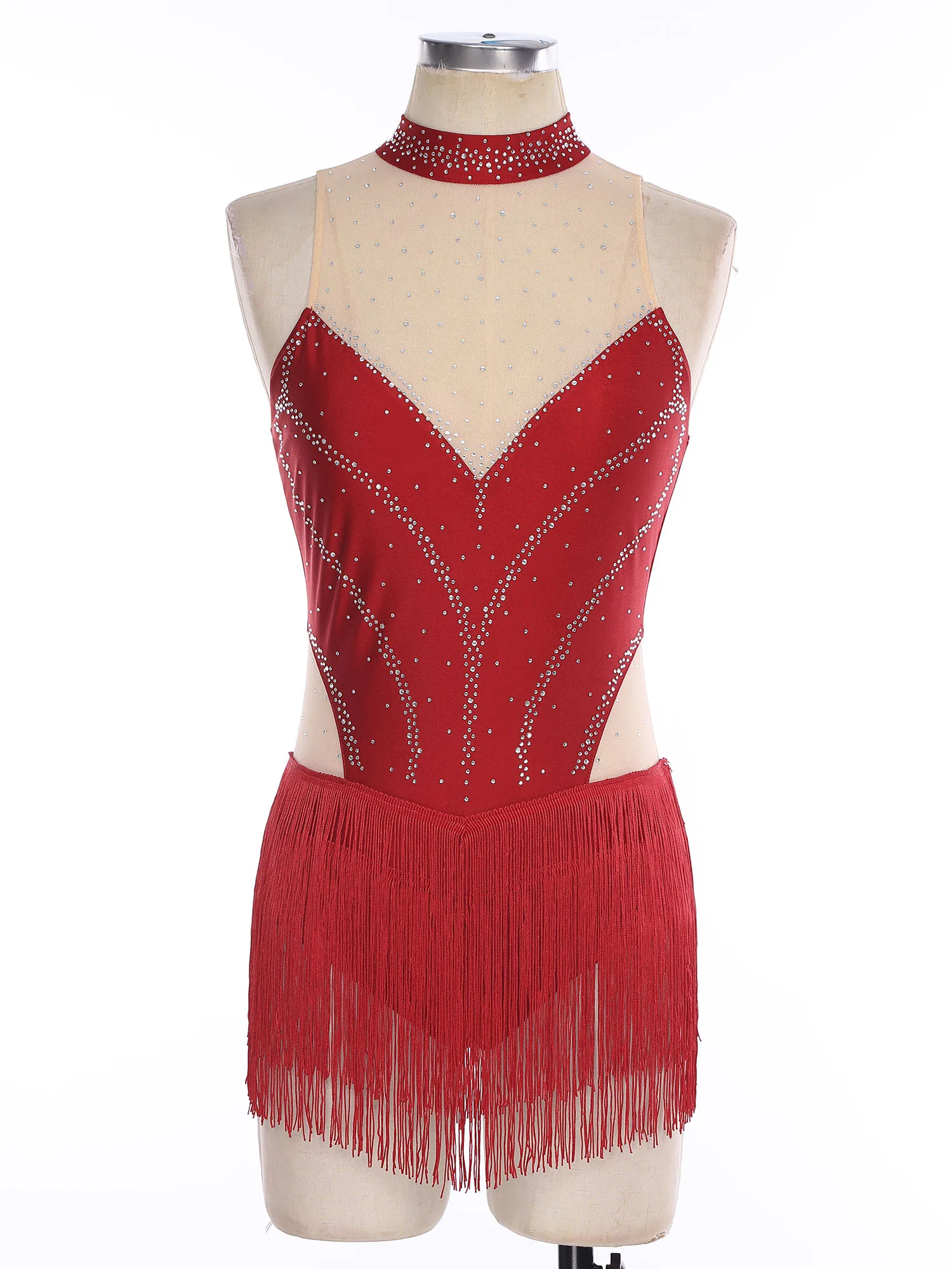 

Women Dance Leotard Rhinestones Tassel Bodysuit Dress Gymnastics Figure Skating Latin Jazz ChaCha Performance Costume Dancewear