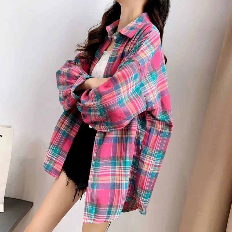 Women's Sprint Summer Classic Vintage Plaid Print Button Up Casual Shirts Loose Fashion All-match Blouse Long Sleeve Cardign Top