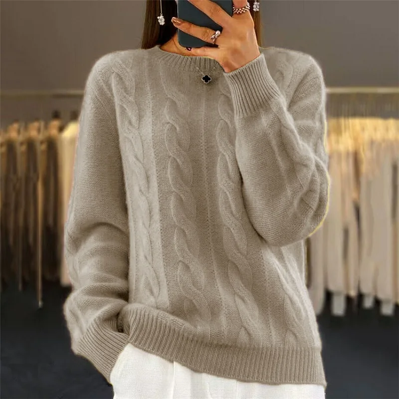 Elegant Long Sleeve Solid Office Women's Jumpers Winter Casual Crew-neck Warm Pullovers New Fashion Furry Twist Knitted Sweater