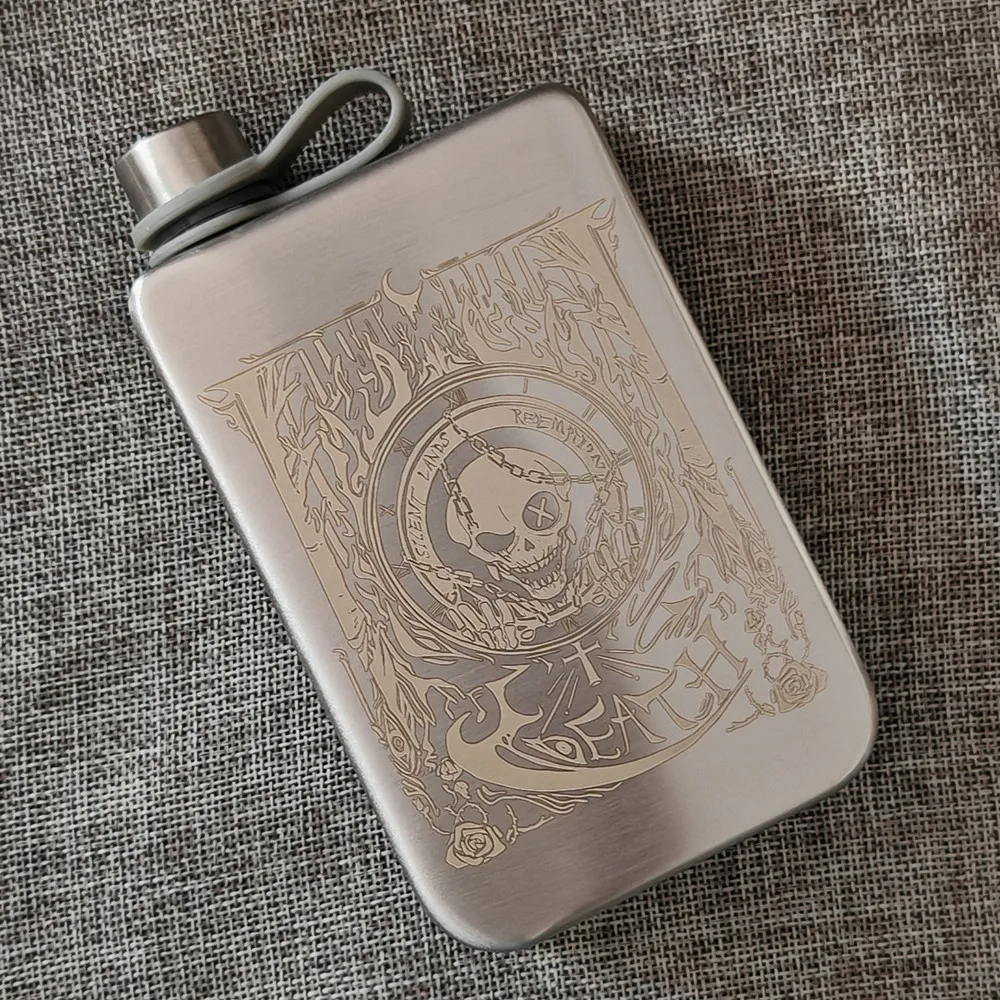 SUS 304 Pocket Hip Flask 9 OZ Rectangle Shape Stainless Steel Brush Finish Laser Engrave Death Skull For Alcohol Liquor Whiskey
