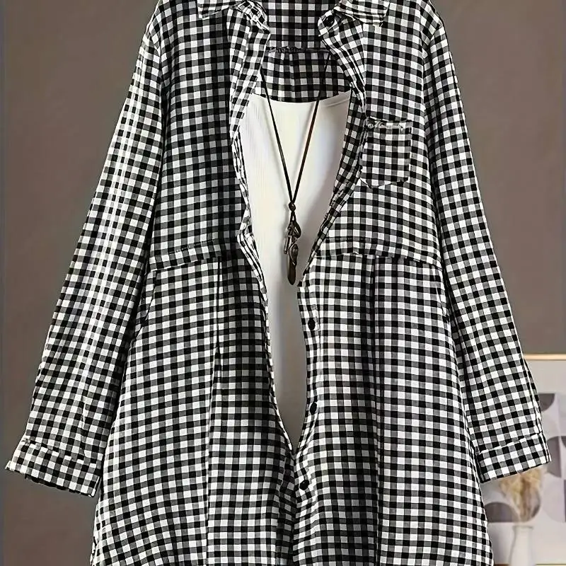 

Plus-Size Korean Style Gingham Turn-Down Collar Long Sleeve Shirt Pure Color Midi Fit Loose and Versatile