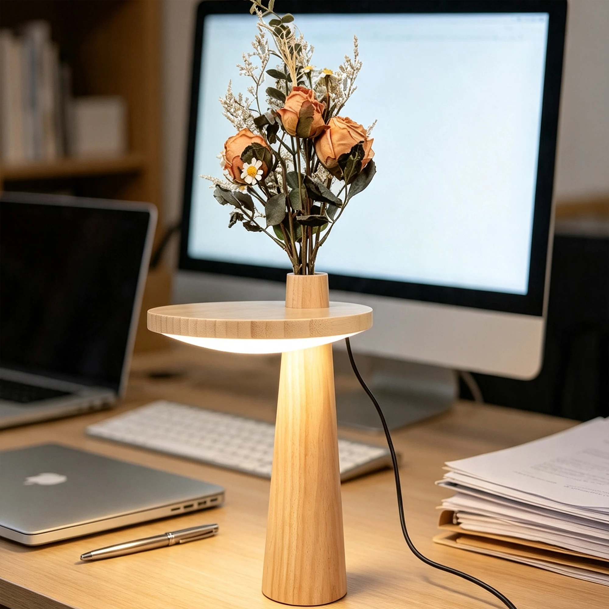 Nordic Style Solid Wood Table Lamp With Vase Slot Stepless Dimmable Brightness White Light  For Bedroom, Nursery Home Decor.
