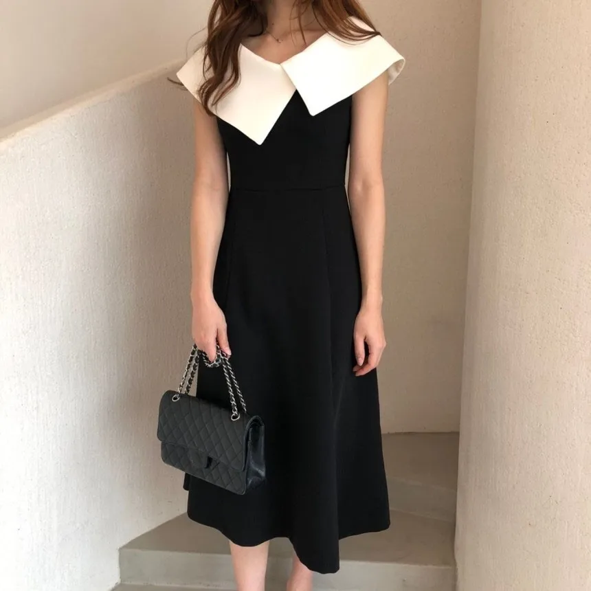 

Black White Korean Elegant Dresses Contrast Color Bright Lines Collar Sleeveless Waist Women Evening Dress 2024 Spring New S M L