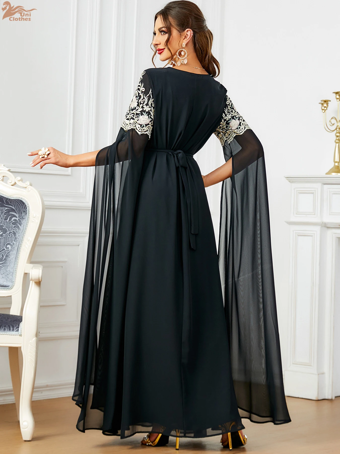 Uni Arab Mesh Embroidered Dress With Belt O-Neck Super Full Sleeves Stylish Abaya For Muslim Woman Moroccan Party Kebaya