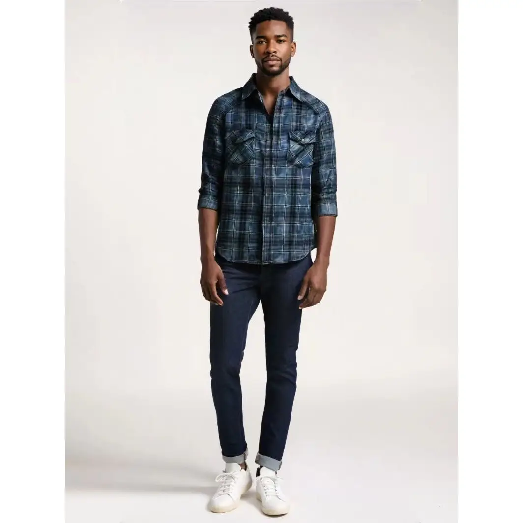 

American Retro Blue Dye Double Layer irt Men's Faion Urban Sle Long Sve arp Collar Daily Wear Stand Fit irt
