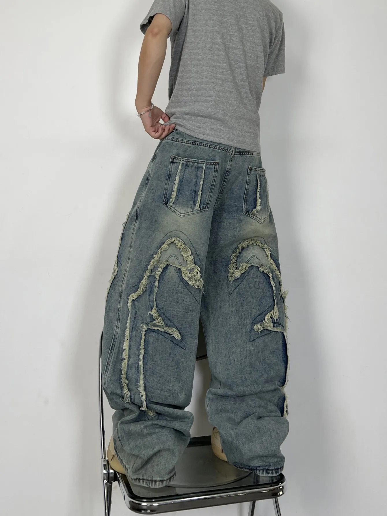 Men's Vintage Patchwork Stitching Blue Baggy Jeans Y2K Street Hip-Hop Fashion Versatile Wide-Leg Pants Available In Many Styles