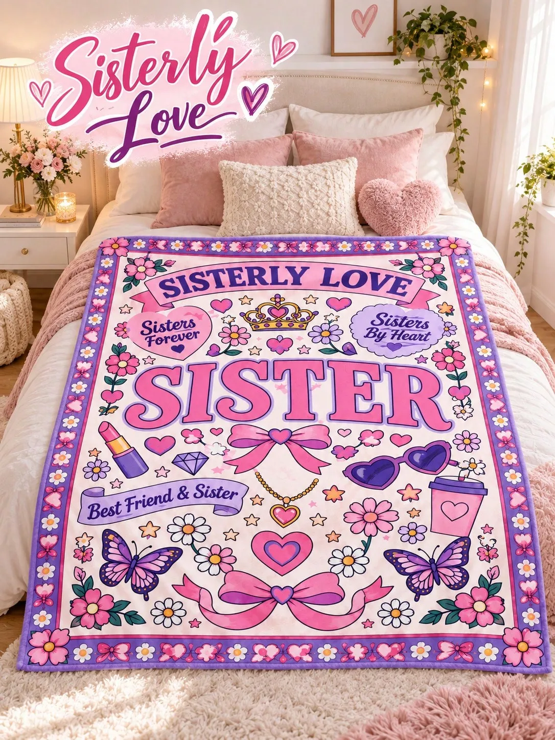 Flannel Blankets Sisterly Love Crown Butterfly Heart Doodles Sofa Bed Throw Home Decor Bedroom Living Room Christmas Halloween Thanksgiving Birthday Anniversary Housewarming Gift Family Friends Guestroom Apartment Reading Nook Dorm Travel Office