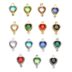 10pcs 7.5mm Stainless Steel Double Hole Heart Pendant Colorful Crystal Charms Connector for DIY Necklace Bracelet Jewelry Making