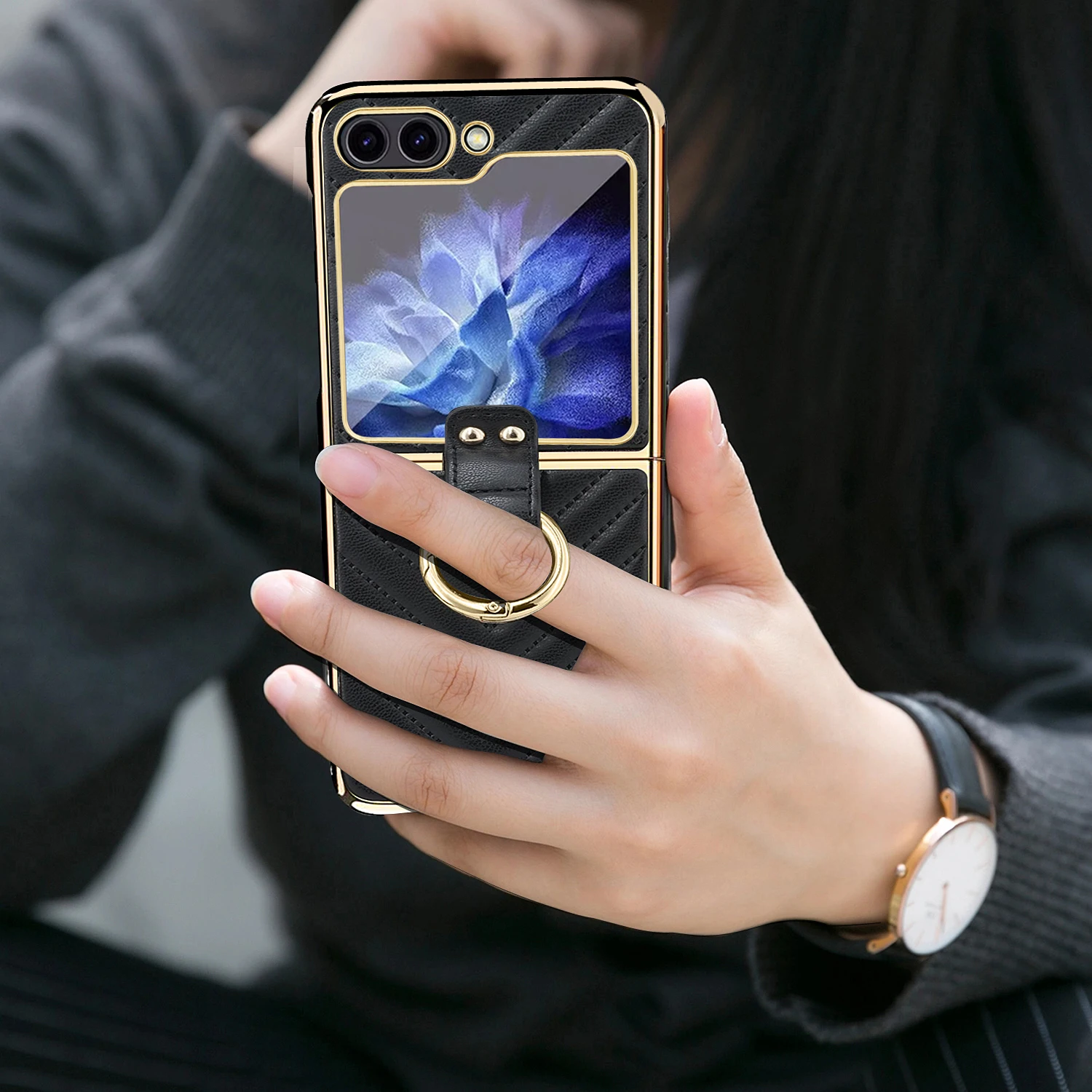 For Samsung Galaxy Z Flip 6 5 4 3 Case Elegant Plating Leather Ring Bracket With Mirror Film Folding Protection Shockproof Cover