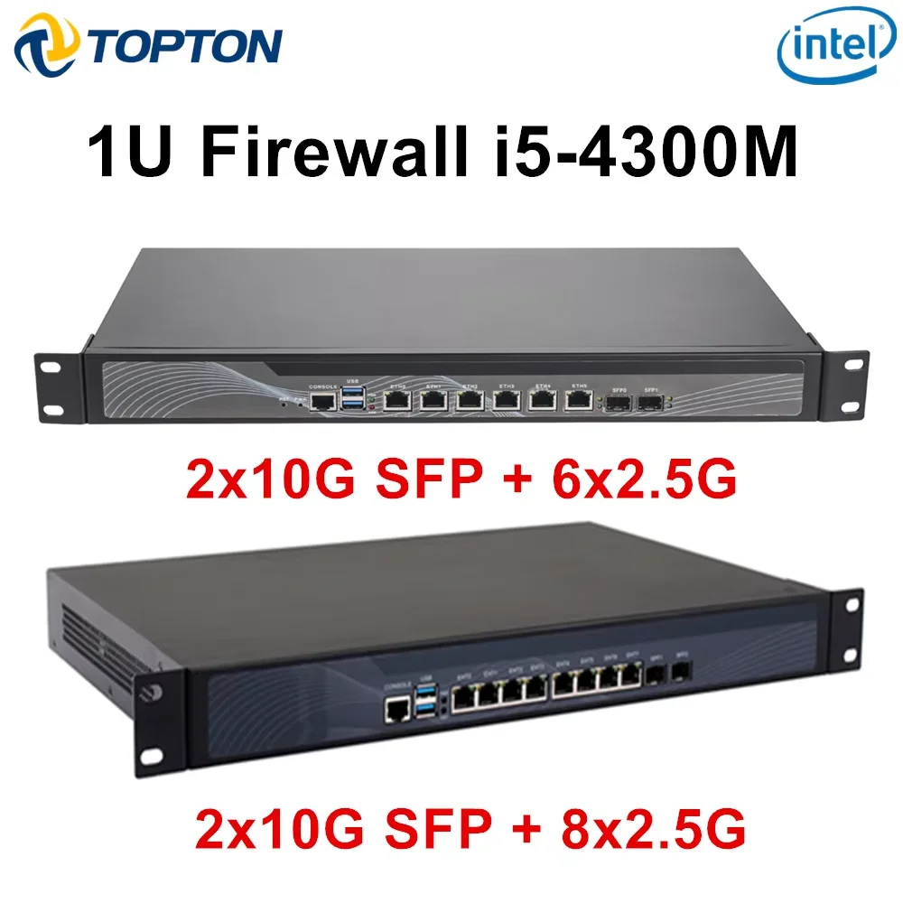 

Topton 2x10G SFP+1U Rack Firewall Intel Core i5-4300M 8/6x 2.5G LAN MSATA M.2 SATA 2xSATA Mini PC VPN Gateway Home NAS Serve