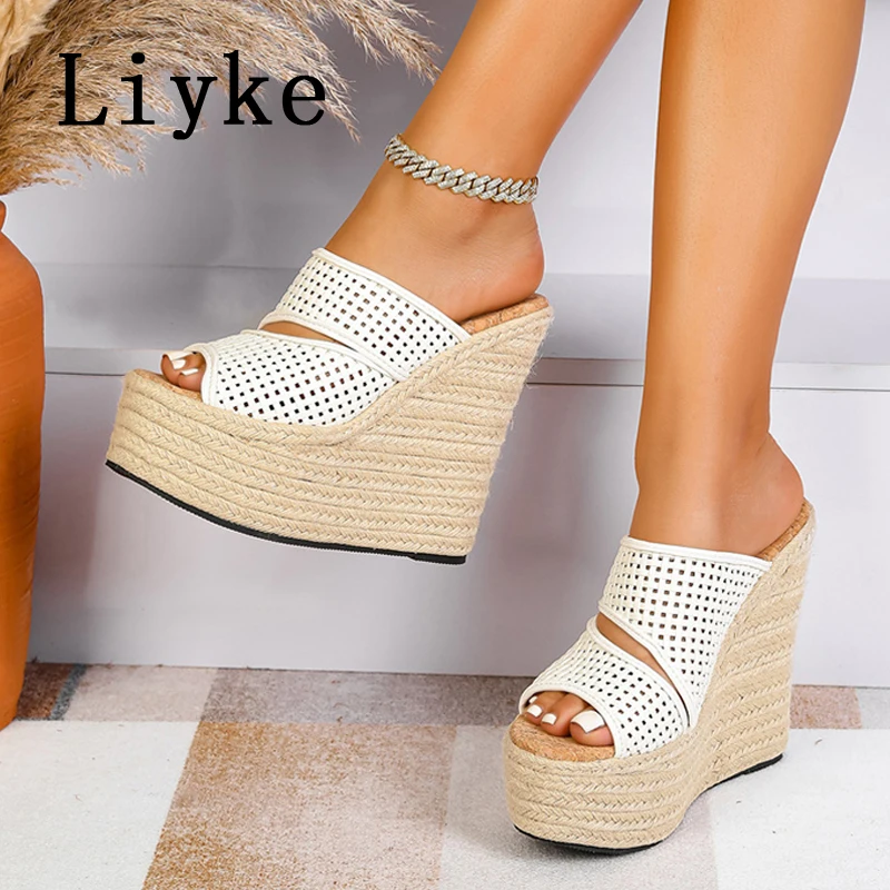 

Женские летние повседневные сандалии Liyke на платформе с открытым носком, плетеные из соломенной веревки, на высоком каблуке, белые
