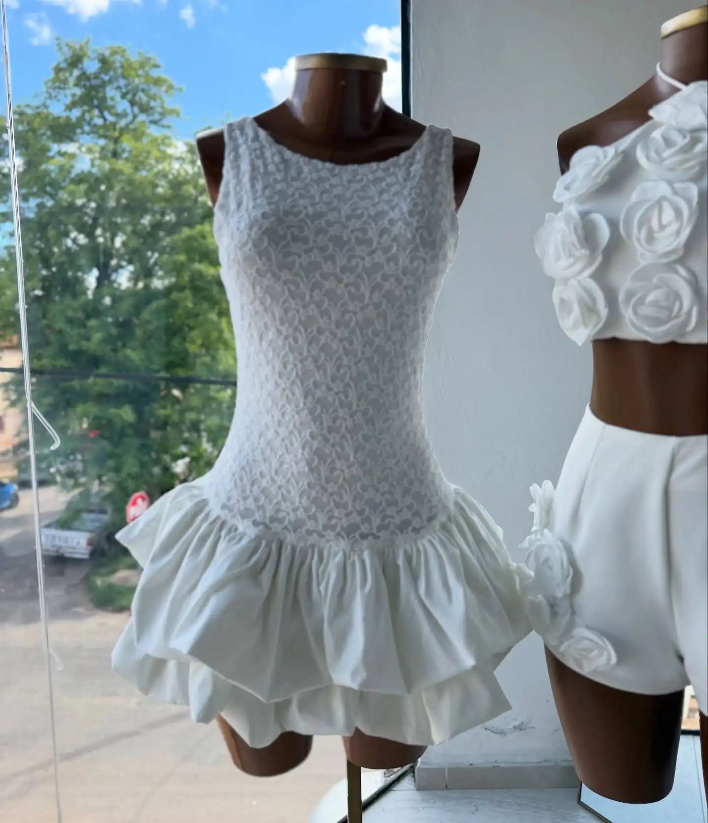 Süßes Spitzen-Sommerkleid für Damen, Ärmelloses Rüschenkleid aus Satin für Abschlussball und Party, Lässiges Modisches Puffärmel-Cocktailkleid aus Taft