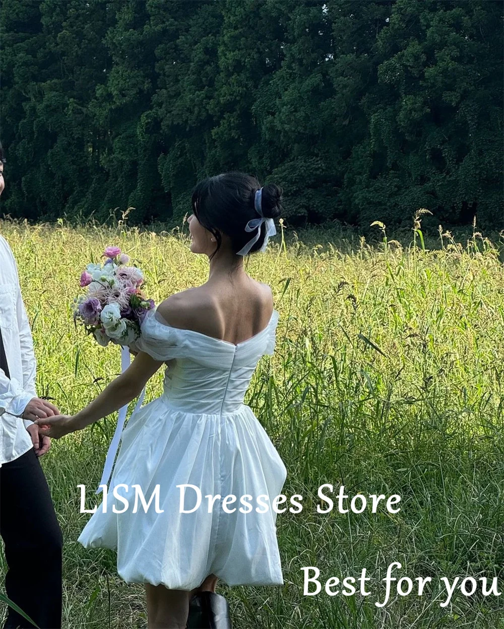 LISM Corea vestidos cortos de recepción de boda fuera del hombro Mini vestido de novia Línea A Corea vestidos para sesión de fotos por encargo