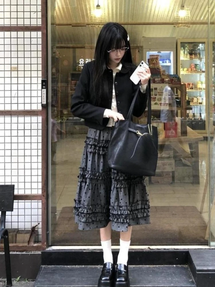 

Vintage Maxi Skirt Polka Dot Ruffle Tiered Women Y2K Layered Cake Skirt Retro Subculture Aesthetic Casual Streetwear Long Skirt