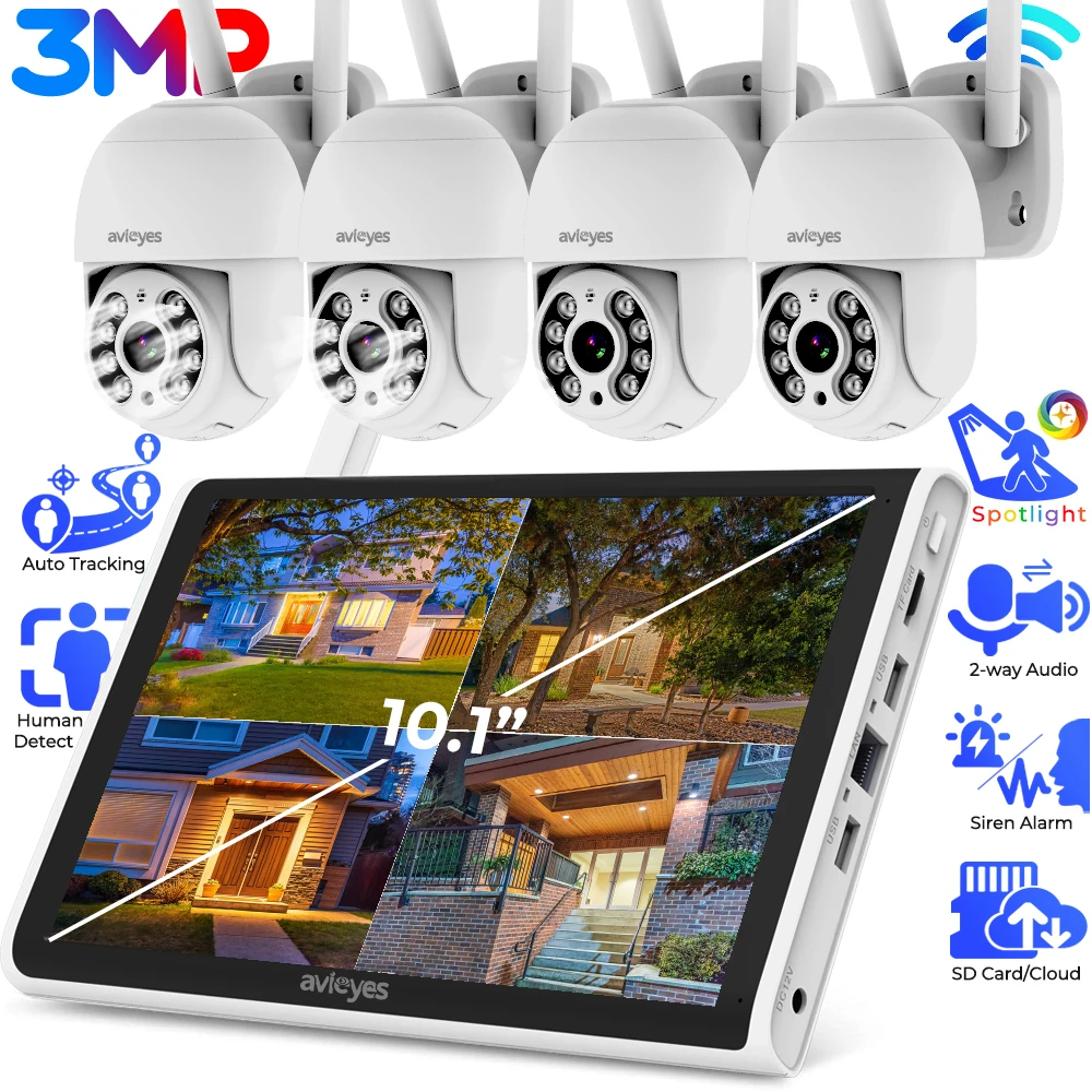 3MP WiFi Security Camera System with Monitor Outdoor Auto Tracking PTZ IP Camera Suit 2-way Talk Wireless CCTV Kit WiFi NVR Set