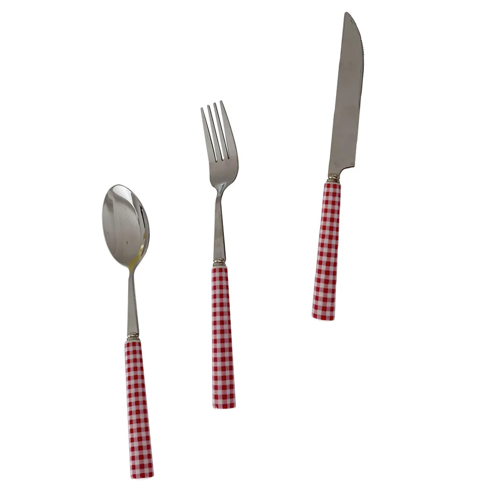 

Red Plaid Tableware Spoon Ceramic Handle Stainless Steel Kitchen Utensils Cooking Supplies Easy Clean Suitable Home Restaurant
