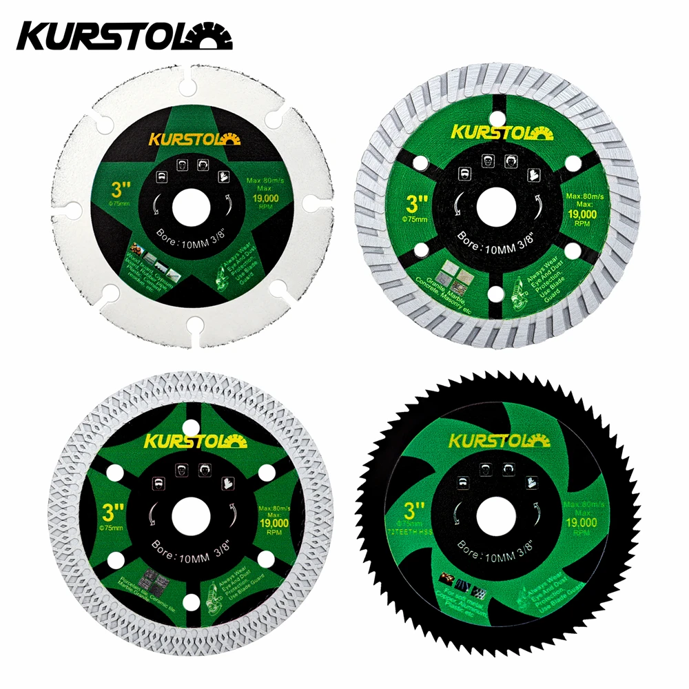 

KURSTOL Dia75mm Набор алмазных отрезных дисков 1/4 шт. Пильное полотно для деревянной плитки, металла, бетона, 3 дюйма, мини-пластиковая шлифовальная пластина для гранита