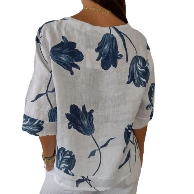 Blusa holgada informal para mujer, camisa de lino y algodón con estampado Floral, manga 3/4, cuello en V, Estilo Vintage Harajuku, para otoño