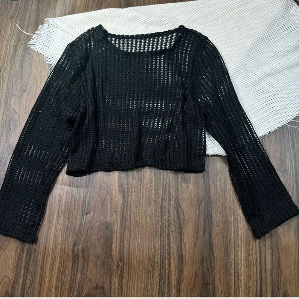 Lockerer Langarm-Badeanzug Pullover mit Lochmuster, gehäkelter Strick-Badeanzug, Sonnenschutz-Strandkleidung, dreiteiliges Set Bademode – Detail 5