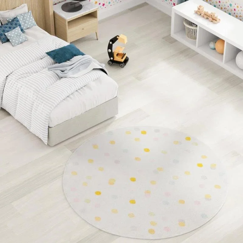 Yellow Dot Round Fluffy Carpet For Living Room，Hairy Nursery Play Mats For Children，Soft Foot Mats, Plush Bedroom Rug For Kids