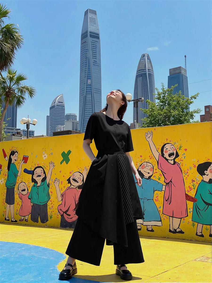 سراويل نسائية كاجوال بجيوب سوداء مرقعة موضة نسائية متباينة الألوان تصميم كتلة ملابس الشارع العصرية فضفاضة عالية الخصر مستقيمة #3