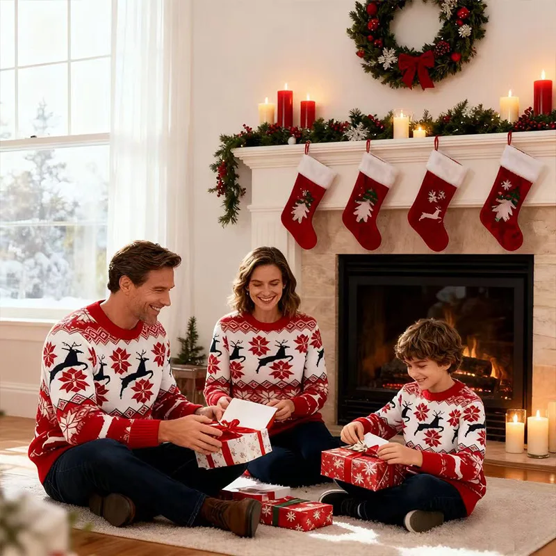 

Christmas Long Sleeved Red Sweater Round Neck Cartoon Elk Print Knitted Pullover Family Theme Party Parent Child Outfits