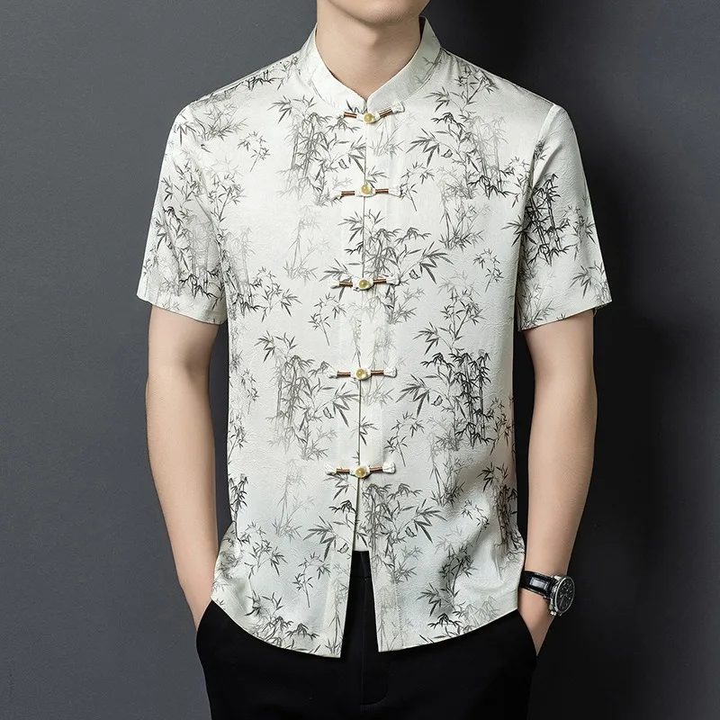 

Chinese Traditional Tang Shirts Man Fall Buckle Kung Fu Short Sleeve Shirt Oriental Retro Tops Ice Cool Feel Breathable Uniforms