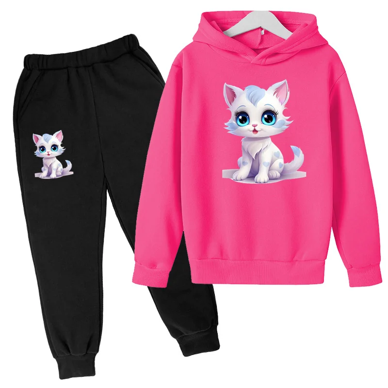 

Children's Clothing Cute Kitten Print Hoodie Sweatshirt 3-12Y Boys Girls Toddler Top+Trousers 2P Pretty Girls Clothes Casual Set