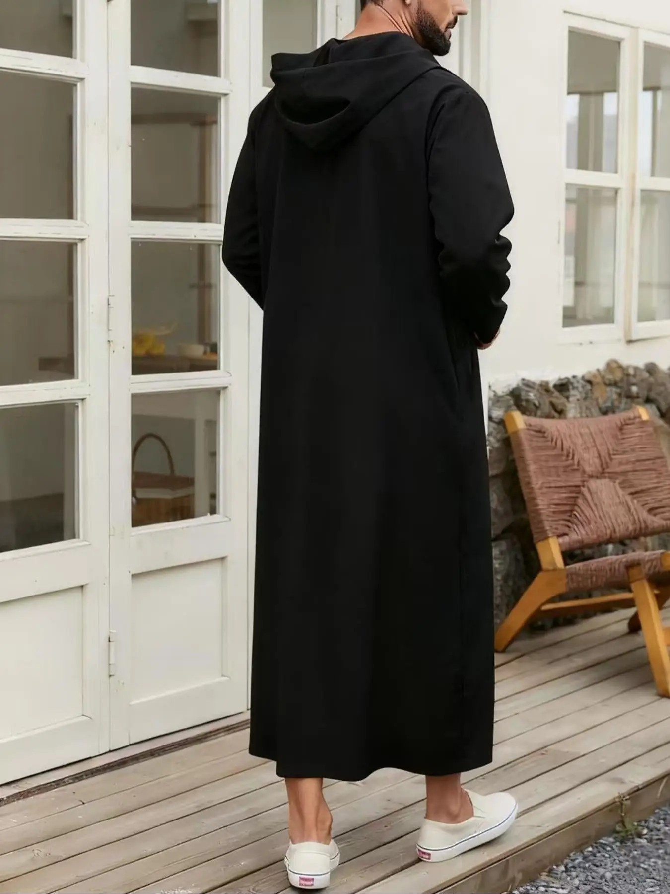 African Middle East Black Robe Men Round Neck Hooded Loose Casual Pullover Long Gown Ethnic Style Loungewear