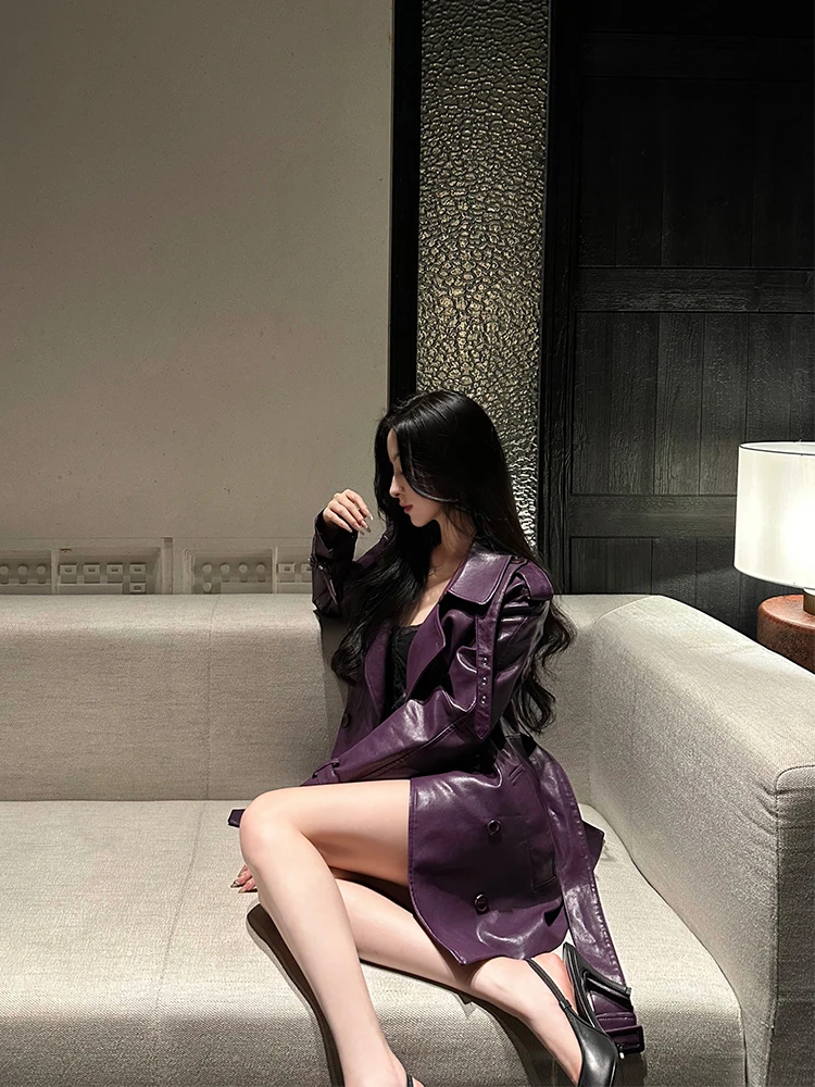エレ パープル レザー ジャケット レディース カジュアル ハイエンド 秋冬 ヴィンテージ 多用途トップス フェイ スリ アウターウェア
