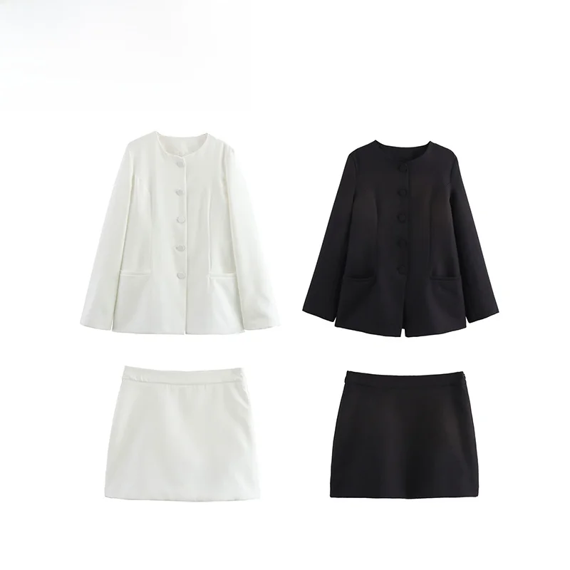 

ZBZA Autumn New Women's Faion Design Two Colors Single Button round Ne Suit ort Skirt Set Spring 2025 Ladies Premium En...