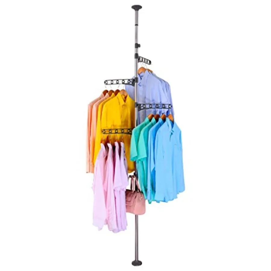 

4-Tier Standing Clothes Laundry Drying Rack Coat Hanger Organizer Floor to Ceiling Adjustable Metal Corner Tension Pole Grey