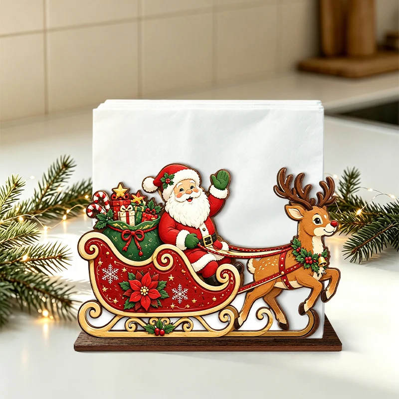 2D Flat Santa Sleigh Wooden Napkin Holder Reindeer Pulling Sleigh with Gift Desktop Tissue Dispenser Christmas Home Dinner Table