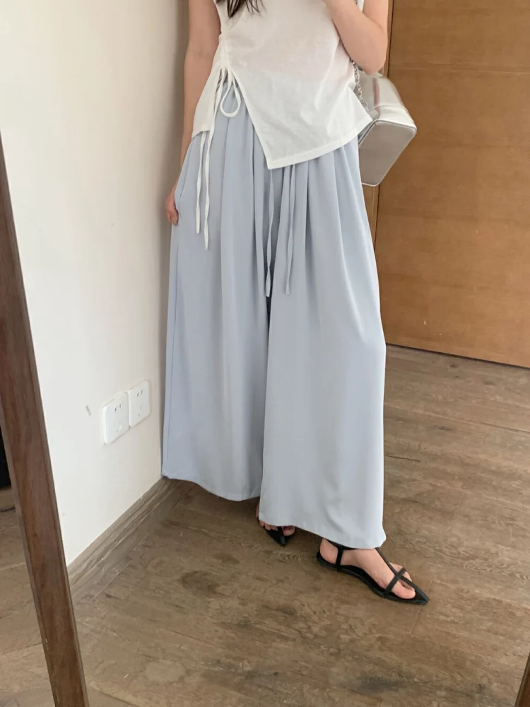 

Hellokay Korean Sle Simple Pleated Loose Slimming Casual Wide Leg Long Pants Women Summer Cool Feeling High Waist Polyester...