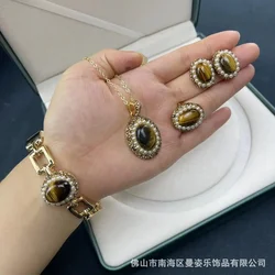 New natural tiger's eye stone inlaid with small pearls four-piece French vintage medieval jewelry live broadcast hot-selling mod