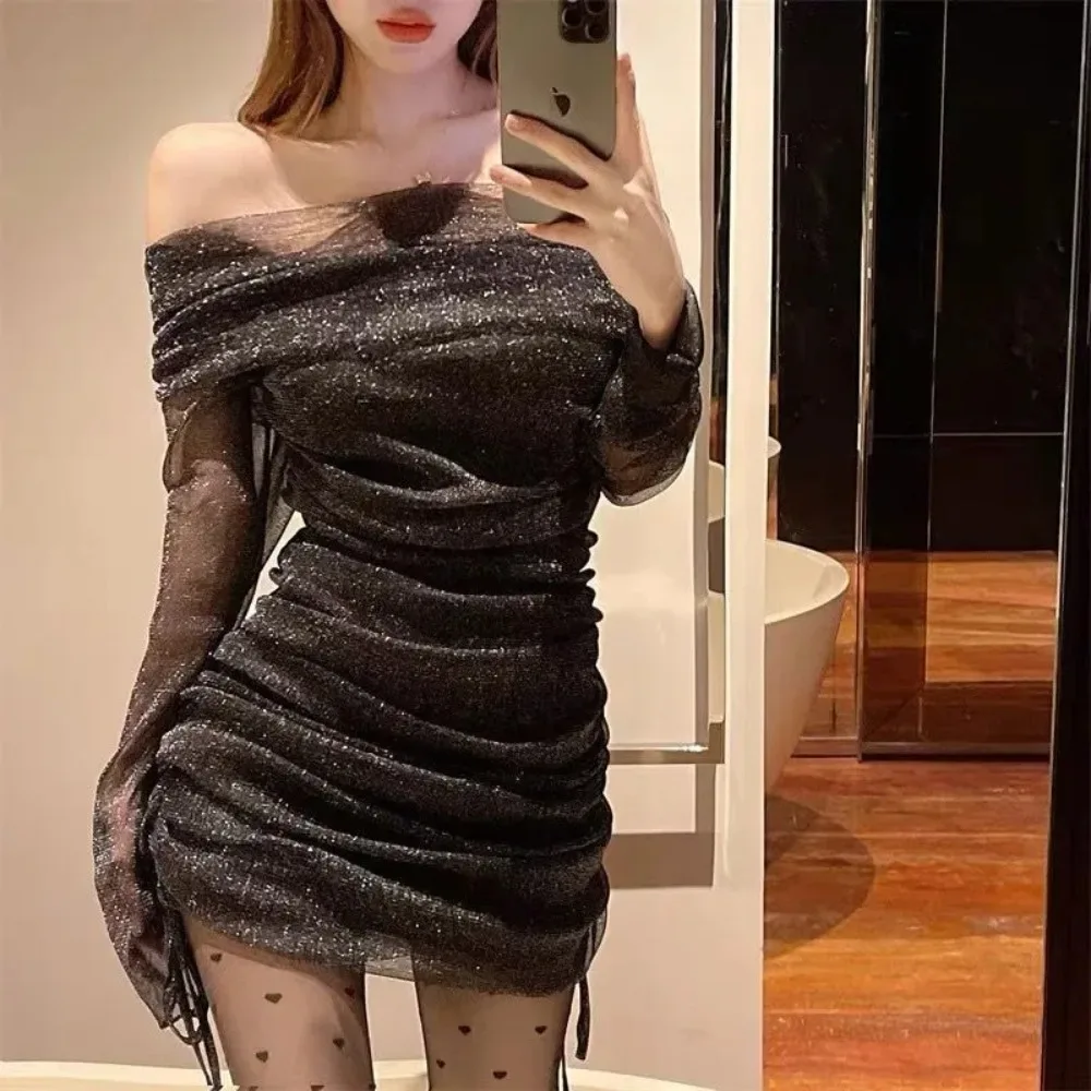 

Sexy Off-Shoulder Strapless Dress For Women Early Autumn New Arrival Sensible Mesh Slimming Hip Covering Gown Dress