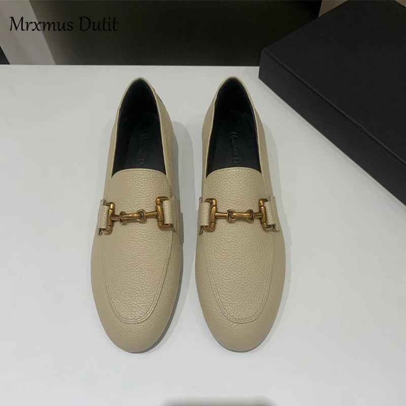 Mrxmus Dutit 2024 Spring Fashion Women New Genuine Leather Flats Shoes Metal Buckle Decoration Casual Simple Loafers Female Chic