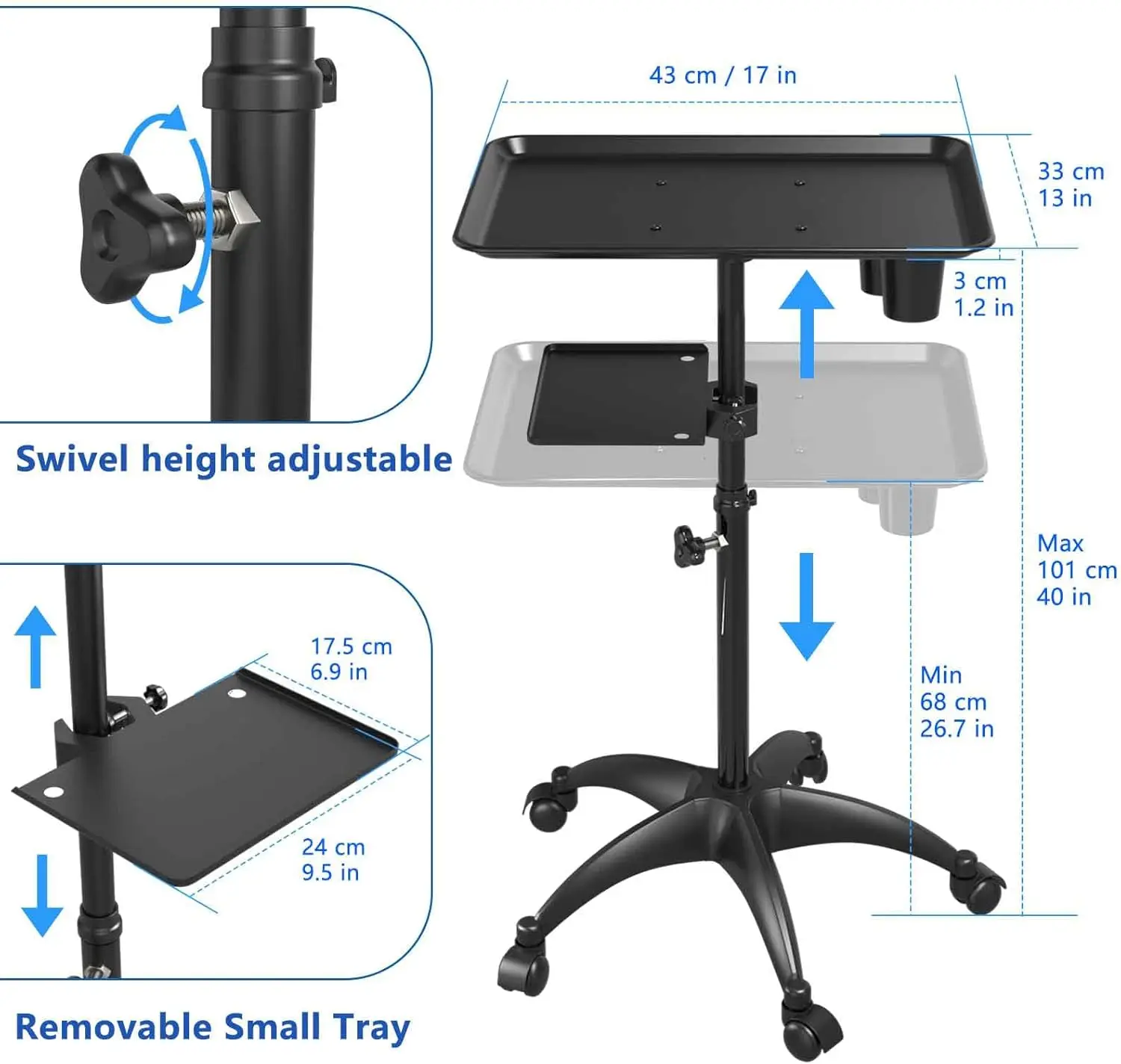 

Salon Tray Cart with Storage Platform, Aluminum Tattoo Tray with Wheels Trolley Adjustable Height, Salon Tray Equipment Service