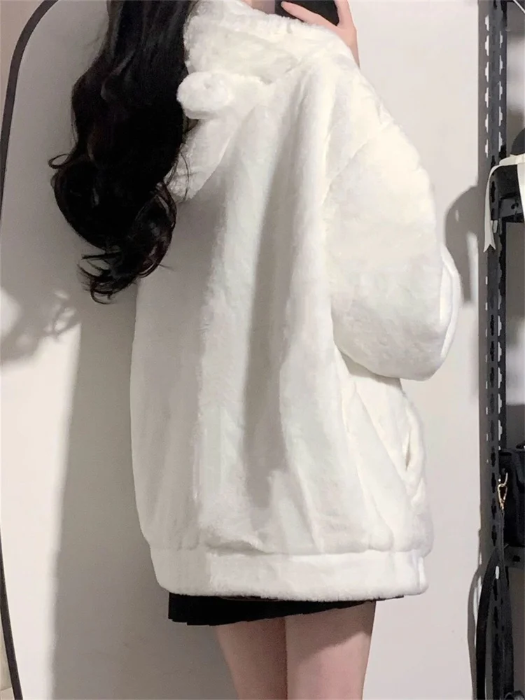 سترات قطيفة بقلنسوة للنساء من Ulzzang Sweet الطلاب معطف دافئ فضفاض بسحّاب معطف رقيق مترهل موضة شارع العليا شتاء ناعم شبابي
