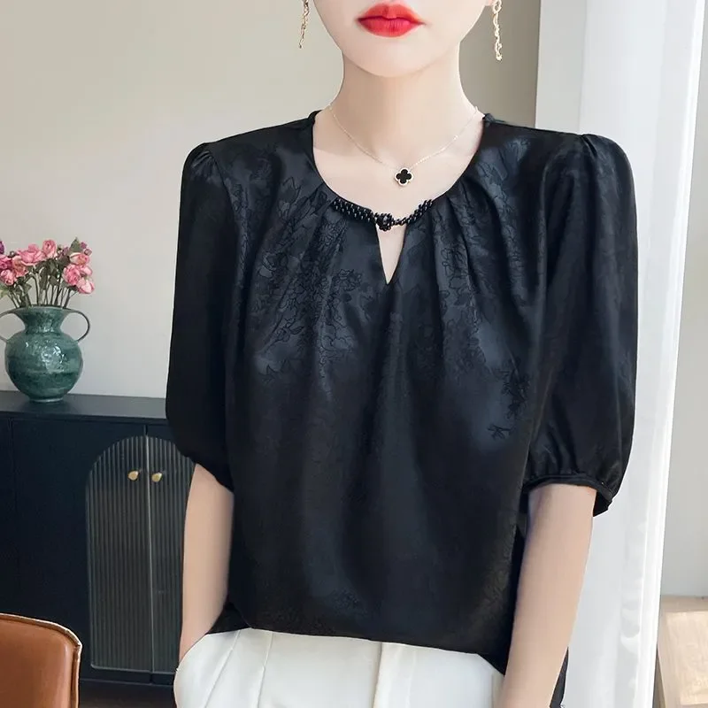Cream Floral Jacquard Blouse with Pearl Trimmed Round Neck Puff Sleeve Loose Fit Summer Women Blouse view 5