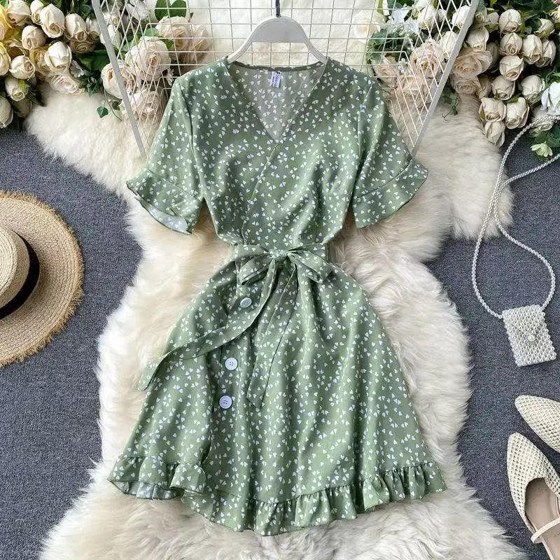 2025 Summer Beach Mini Dress Women Floral Print Boho Long Dress Ruffles Wrap Casual V-Neck Split Sexy Party Dress Robe Femme