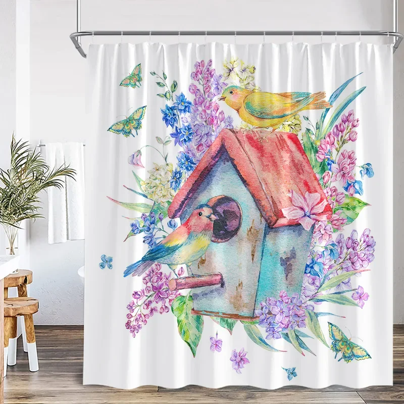 Cartoon bird kids shower curtain handpainted animal watercolor parrot hummingbird bathroom decor children polyester Bath Curtain