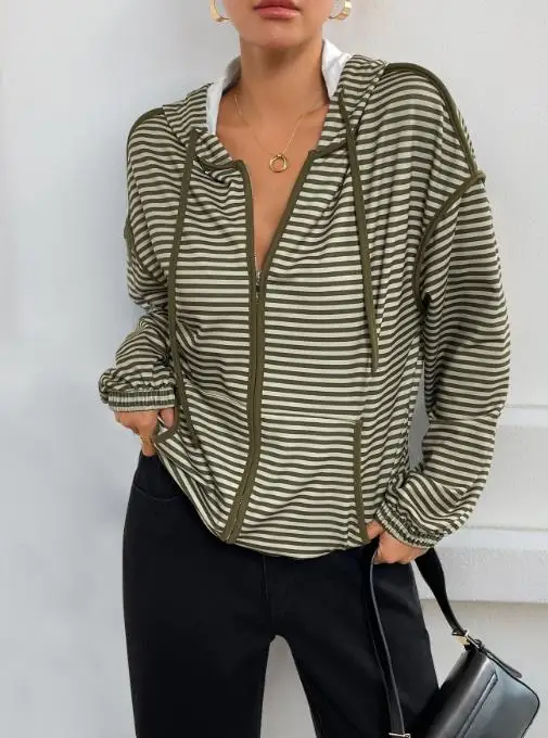 Women Coat Latest Hot Selling Fashionable 2025 New Autumn Zipper Cardigan Korean Lazy Style Hooded Striped Women's Casual Jacket