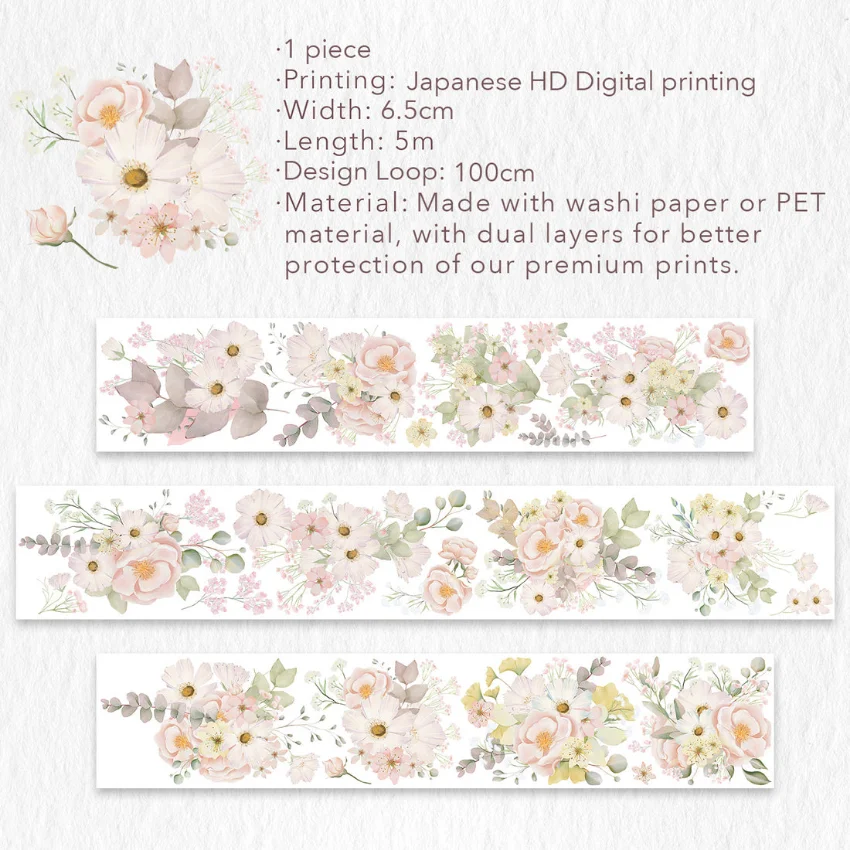 WT New Blush Wide Flower Washi PET Tapes Scrapbooking Adhesive Sticker for Journals Card Making Background Art Material